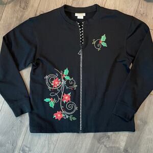 Fun Holiday Poinsettia Bling Zip Up Top Size Small